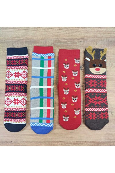 erceys Çocuk 4 Çift Yılbaşı Desenli Taban Altı Kaydırmaz İçi Havlu Çorap