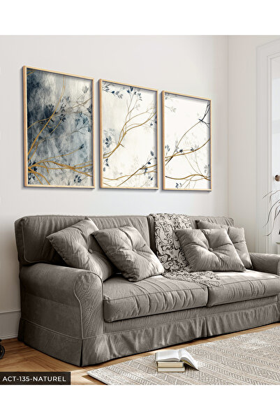 Evinemoda Mavi Çiçekli Ağaç 3 Parça Ahşap Çerçeveli Tablo ACT