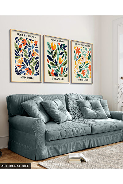 Evinemoda Botanik Poster 3 Parça Ahşap Çerçeveli Tablo ACT