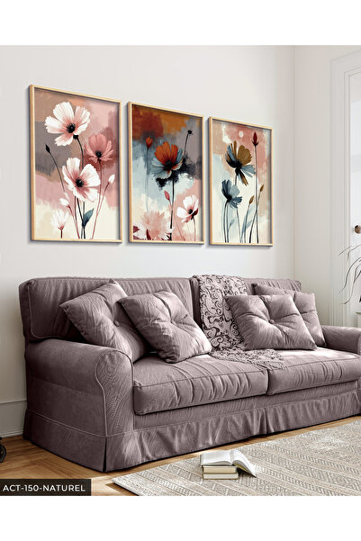 Evinemoda Renkli Zeminde Zarif Çiçekler 3 Parça Ahşap Çerçeveli Tablo ACT