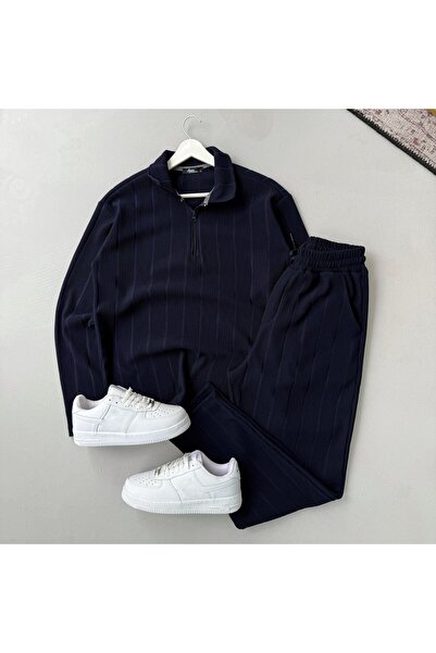 Baycombine35 Ανδρικό σετ αθλητικής φόρμας με κάθετες ρίγες από ύφασμα Ottoman με λεπτομέρεια με φερμουάρ