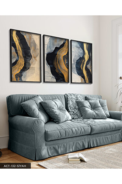 Evinemoda Gold ve Lacivert Renginde Farklı Şekiller 3 Parça Siyah Ahşap Çerçe...
