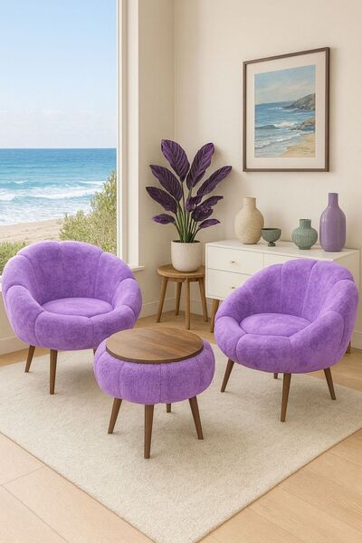 KOKİ DESİGN LİDA Lila Wellsoft Peluş Kumaş İkili Berjer Seti ÖZEL SEHPALI (Sa...