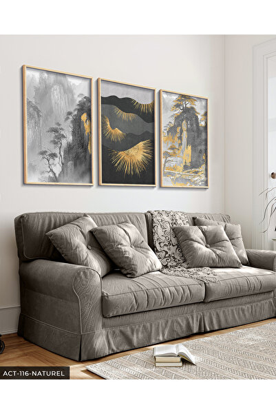 Evinemoda Gold Detaylı Modern Sanat 3 Parça Ahşap Çerçeveli Tablo ACT