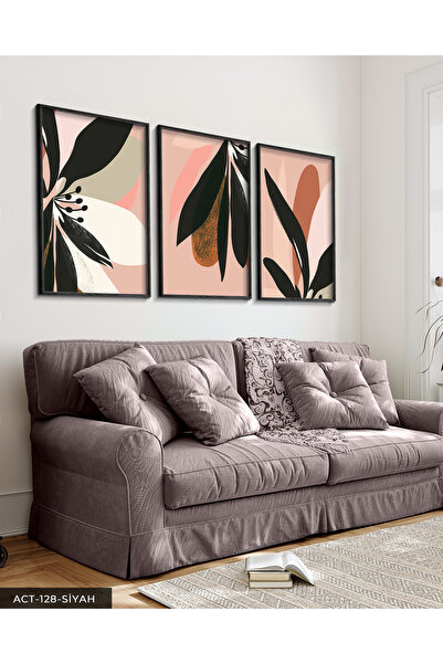 Evinemoda Cvet od crnog lista na ružičastom pozadini, 3-dijelna slika u crnom...