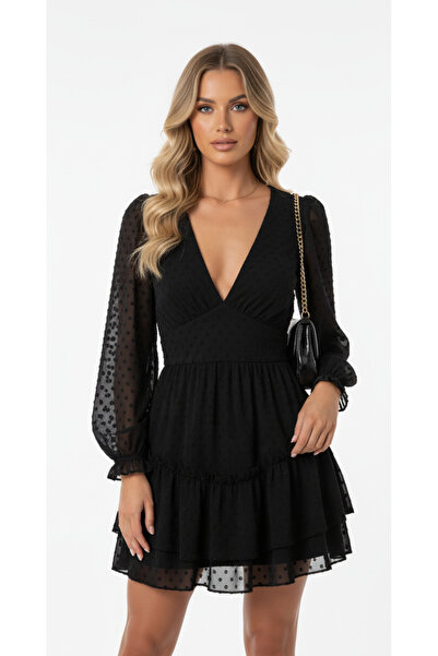 GLAM AURA Kadın Şifon V Yaka Volanlı Mini Elbise”