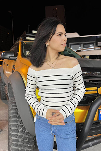 thesunfyre Women's Knitwear Striped Boat Neck Crop Blouse