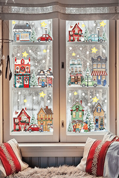 Ayza Tasarım Yılbaşı Yeni Yıl Karlı Şehir Karlı Evler Cam Duvar Kapı Sticker Seti Özel Kesimli