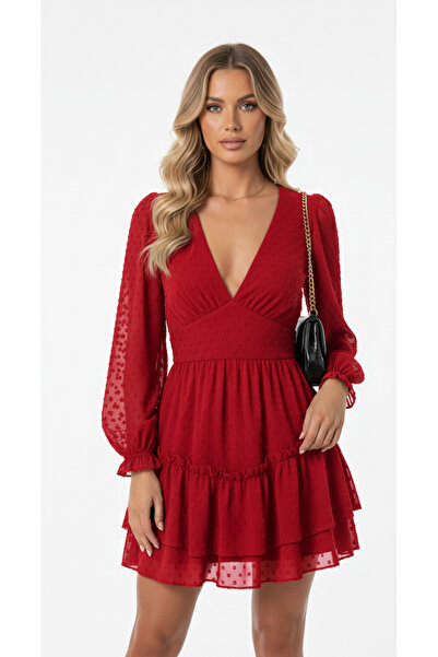 GLAM AURA Kadın Şifon V Yaka Volanlı Mini Elbise”