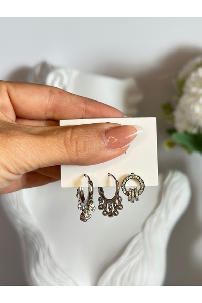 New Meluna Fringe Model Silver Triple Earrings Women's Steel Earrings Do Not ...