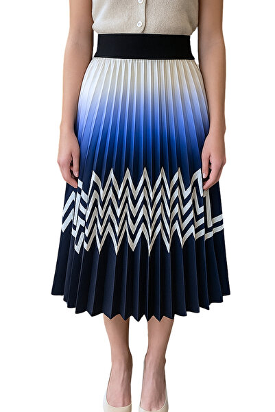 Qualia Butik Women's Pleated Elastic Patterned Midi Skirt