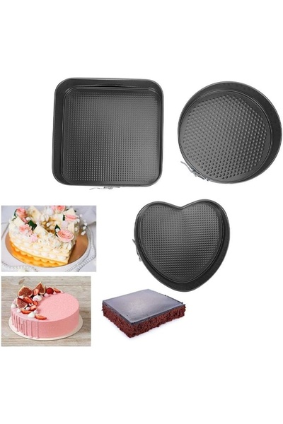 LOVYCO 3 Pieces Metal Springform Cake Pan Set Heart Round Square 20-22-24 cm