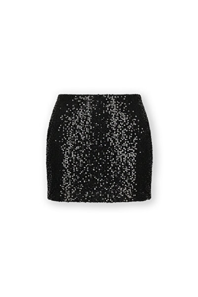 ECOTİQUE Payetli Pullu Gece Siyah Mini Etek