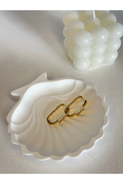 New Meluna Vip Çelik Zirkon Taşlı Dikdörtgen Gold Küpe