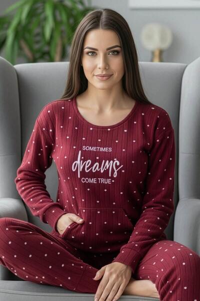 Pijamaevi Burgundy Dream Patterned Kangaroo Pocket Plush Fleece Pajama Set