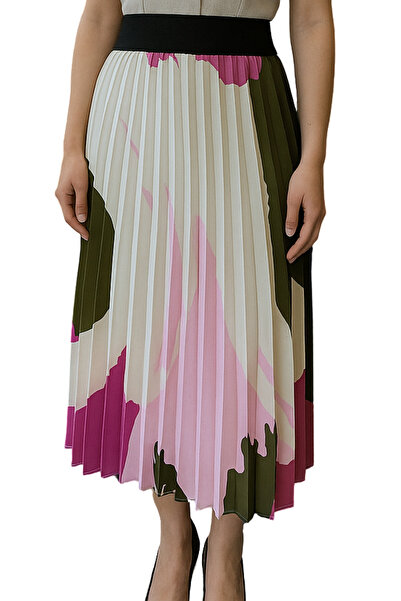 Qualia Butik Women's Pleated Elastic Patterned Midi Skirt