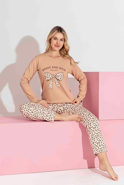 Tarık Mother-Daughter Matching Long Sleeve Ribbon and Leopard Printed Family Matching Pajama Set-3183