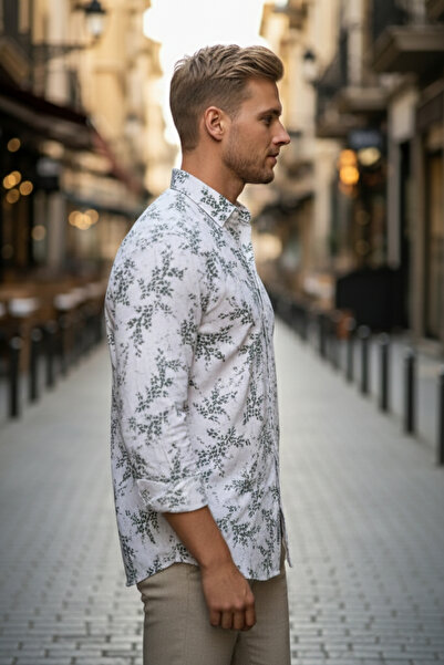 NAZEF Slim Fit High Quality Patterned Cotton Blend White Linen Shirt