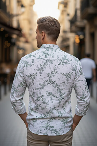 NAZEF Slim Fit High Quality Patterned Cotton Blend White Linen Shirt