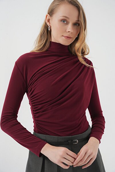 Hiccup Bdart Drape Detailed Bodycon Mock Neck Blouse