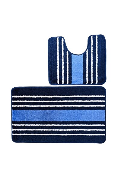 Kotonia Home Set of 2 bath mats anti-slip membrane, 100% synthetic fibers, blue, 50×40 cm, 50×80 cm, Sandy Lyuba