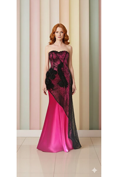 Zeyn STRAPLEZ LAZER KESİM DETAYLI ASİMETRİK UZUN ELBİSE