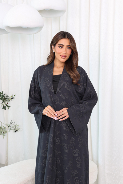 SAI ABAYA عباية جاكار رمادية فاخرة للنساء والفتيات بياقة دائرية | تصميم عباية أنيقة للمكتب