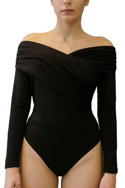 Qualia Butik بدلة جيرسي نسائية منسدل ذات ياقة على شكل قبلة