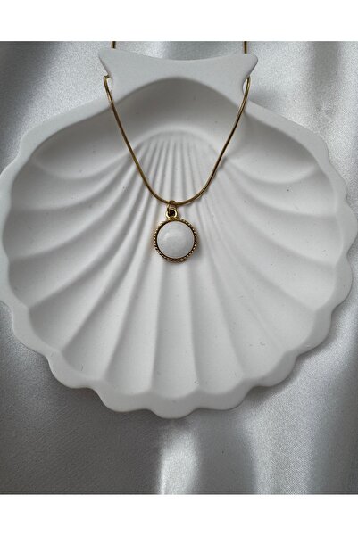 çelik takı Kararmaz Çelik Beyaz Sedefli Mineli Kolye