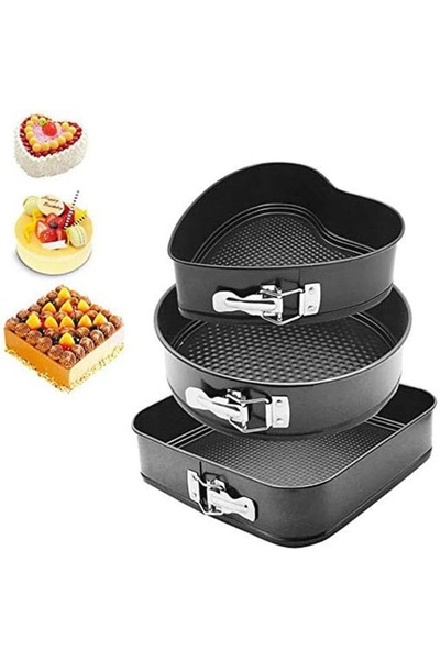 LOVYCO 3 Pieces Metal Springform Cake Pan Set Heart Round Square 20-22-24 cm