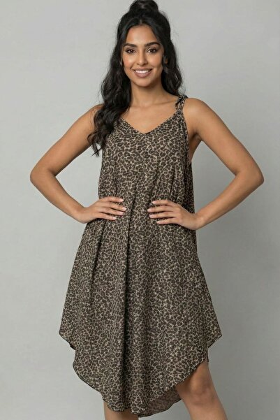 enmodaiçgiyim Women's Multicolored Leopard Patterned Rope Strap Cotton S Relaxed Fit Casual Dress