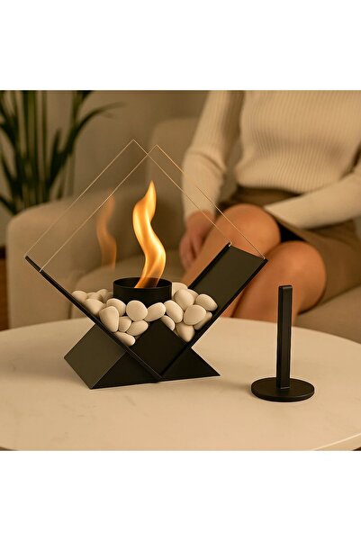 Ecaron Store Metal Siyah Renk Modern Masa Üstü Şömine Sertifikalı Yakıt Ve Dekoratif Taş