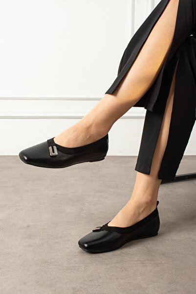 dabab shoes Alvi̇a Women's Black Suede Detailed Metal Buckle Square Toe Comfortable Ballet Flats