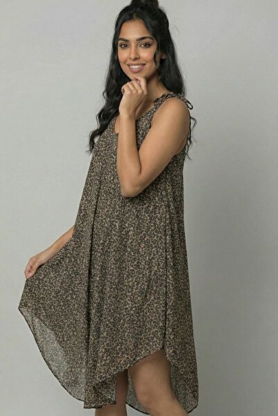 enmodaiçgiyim Women's Multicolored Leopard Patterned Rope Strap Cotton S Relaxed Fit Casual Dress