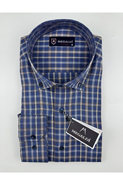 MEGALDİ Erkek Klasik Kesim Ekose Cepli indigo Uzun Kollu Gömlek