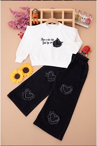 nazarbebe Girl's Heart Detailed Sweatshirt & Wide Leg Jean Pants 2-Piece Set