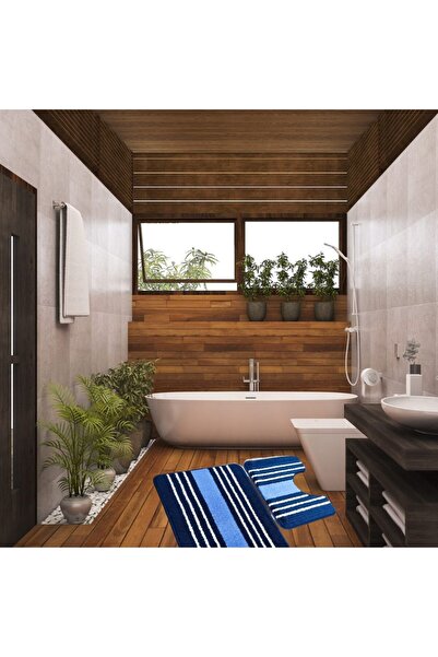 Kotonia Home Set of 2 bath mats anti-slip membrane, 100% synthetic fibers, blue, 50×40 cm, 50×80 cm, Sandy Lyuba