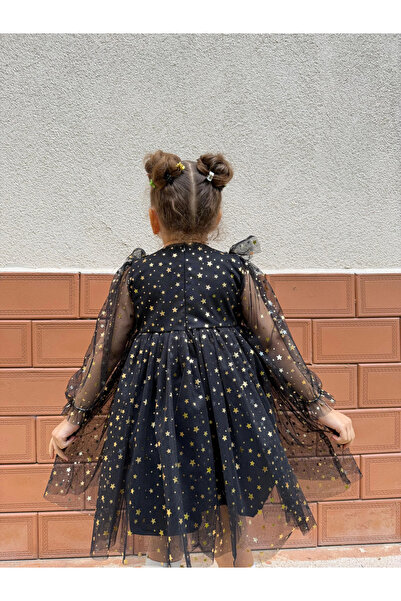 Minizade Baby Girls Children's Starry Tulle Long Sleeve Combed Cotton Lined Birthday Special Occasion Party Eid Dress