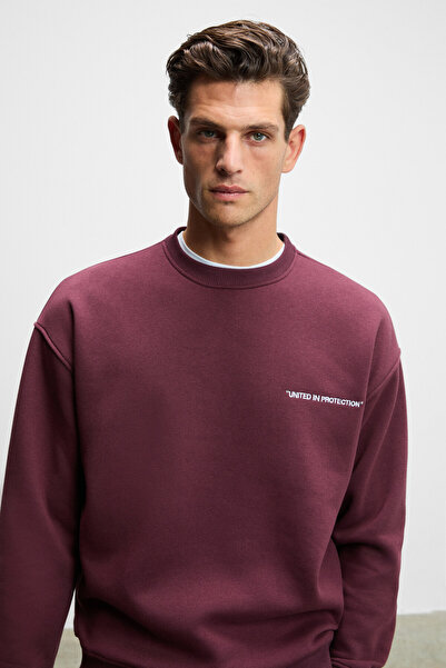 GRIMELANGE Marshall Men's Cotton Fleece Lined Embroidered Relaxed Dark Burgundy Tracksuit Set