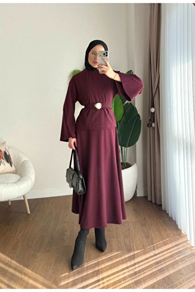 RFK Butik Women's Thessaloniki Fabric Belt Detailed Skirt Suit - Burgundy