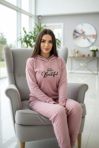 Pijamaevi Powder Pink Beautiful Patterned Hooded Plush Fleece Pajama Set