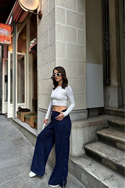 BEJNA Women's Snap Button Soft Modal Textured Pants