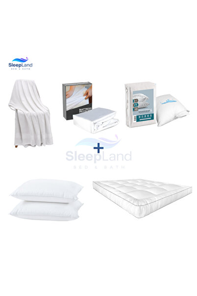 SLEEPLAND Hotel-style mattress protector (200x200cm, 14cm height), mattress protector (200x200cm), pillow protector, cotton towel (70x140cm), two hotel-style pillows.