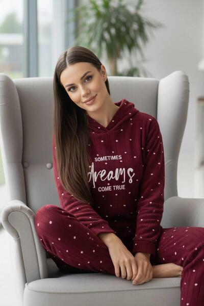 Pijamaevi Bordo Dreams Patterned Hooded Plush Fleece Pajama Set