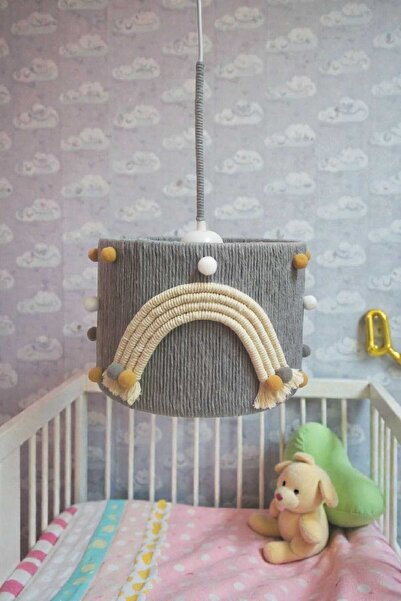 C&A&B KUZEY AVİZE Gri Makrome Ip Sargılı Beyaz Gökkuşağı Gri Vizon Ponponlu Kız Bebek Çocuk Odası Sarkıt Avize