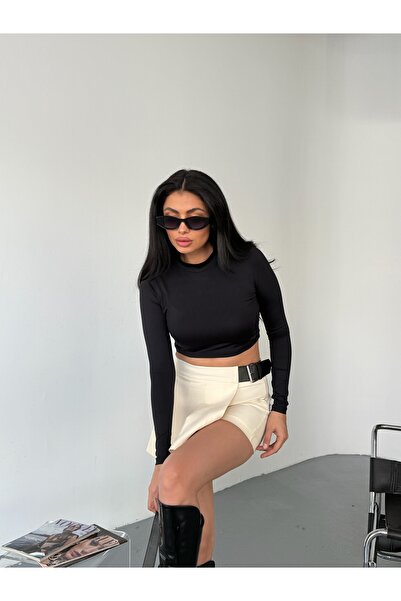 LB Laluna Butik Women's Belt Detailed Pleated Skirt with Shorts on the Back