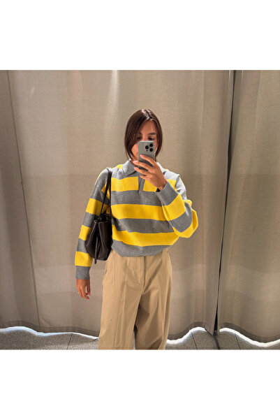 BELLA VESTA ATİELER Oversize Çizgili Polo Yaka Triko Sweater – Günlük Şık Tasarım