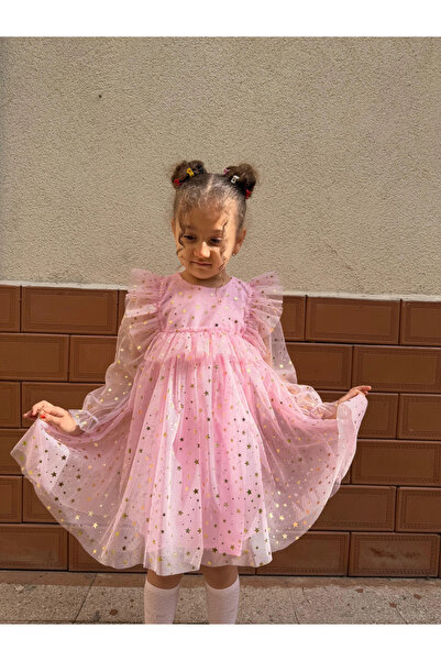 Minizade Baby Girls Children's Starry Tulle Long Sleeve Combed Cotton Lined Birthday Special Occasion Party Eid Dress