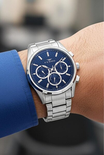 FERRO Metalik Çelik Bilezik Lacivert Kadran Tüm Fonksiyonları Aktif Takvimli ...