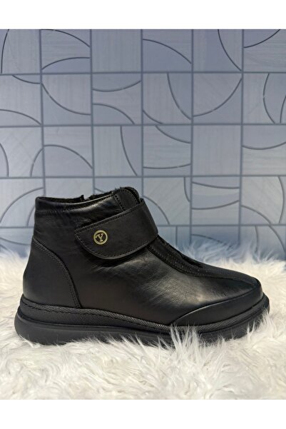 Anıl Ayakkabı Yüce 107 Women's Black Genuine Leather Velcro Zippered Mother Orthopedic Daily Boots